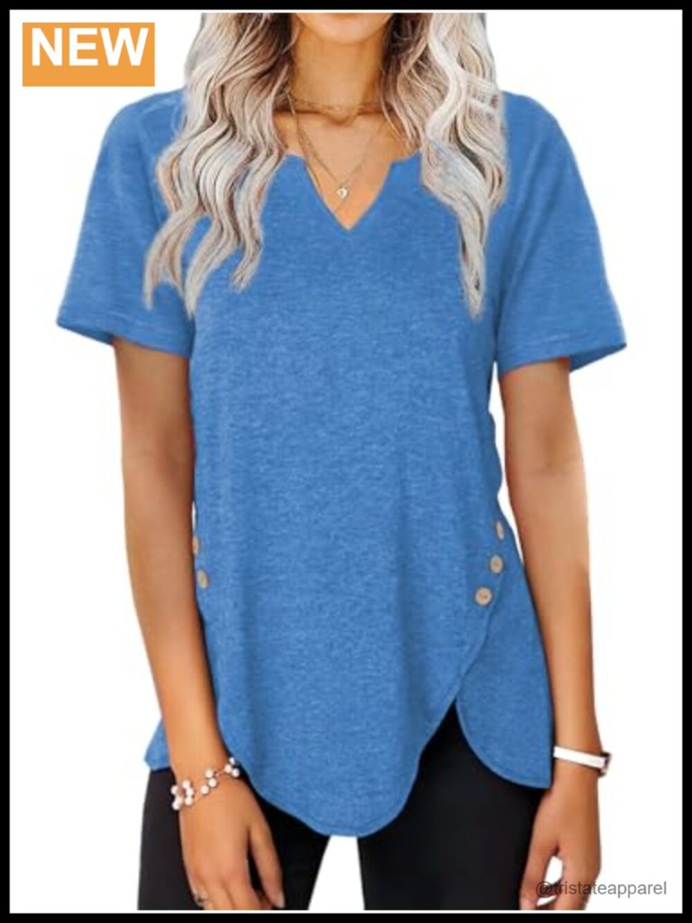 Womens V-Neck Button Side Tunic Top Short Sleeve Summer Shirt